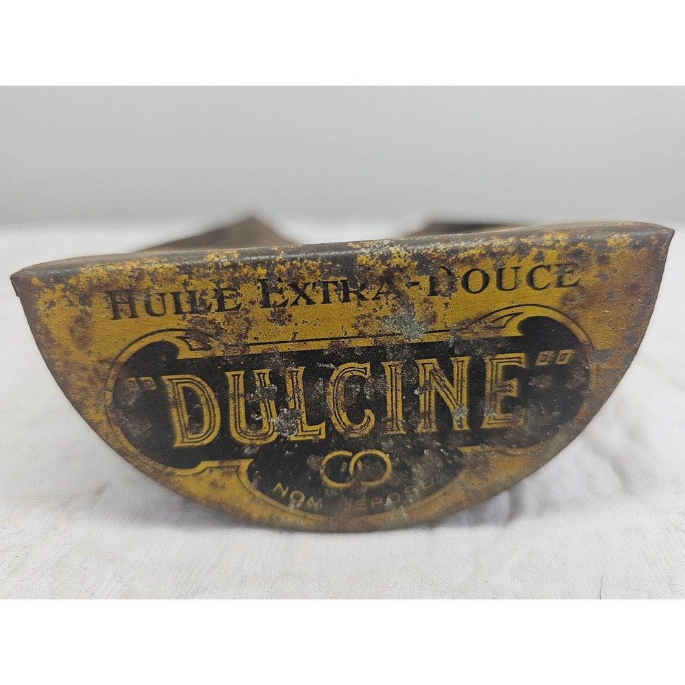 Dulcine Antique French Tin Oil Scoop Container Brown Yellow Fair Rustic Litho